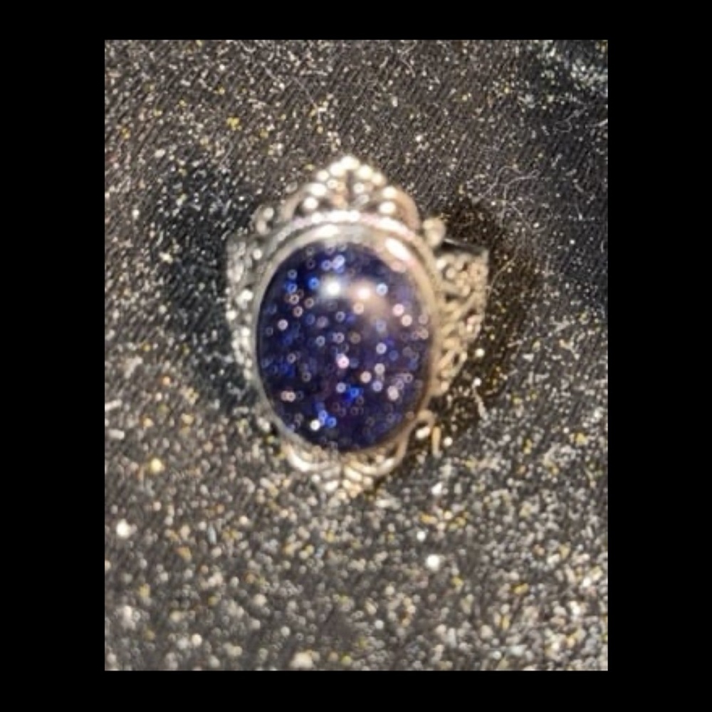 Sparkling Silver and Blue Glitter Ring adjustable size 6-8